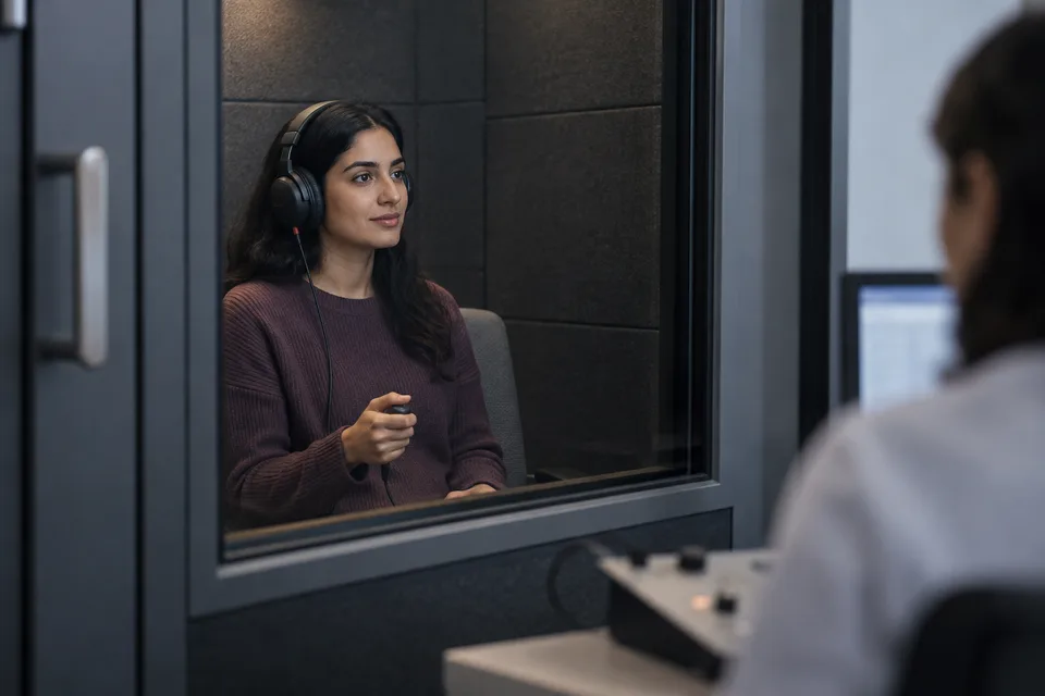 A woman wears test headphones and holds a response button inside an audiology booth.