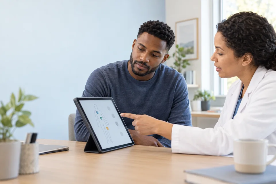A clinician and patient review a generic body diagram together on a tablet in a bright consultation room.