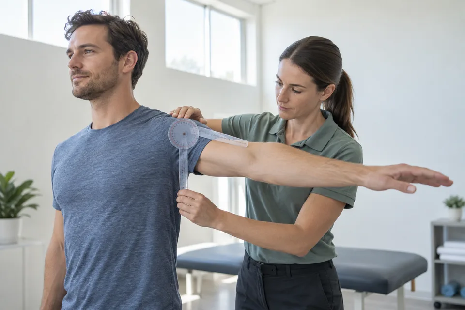 A physical therapist checks a standing patient's shoulder range of motion with a manual measuring tool.