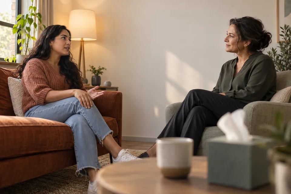 A client speaks with a counselor in a warm, professional office with a side table in the foreground.