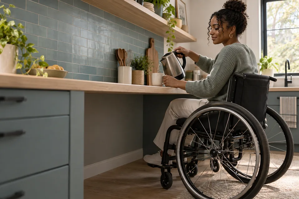 A wheelchair user pours a drink at a kitchen counter with clear knee space below.