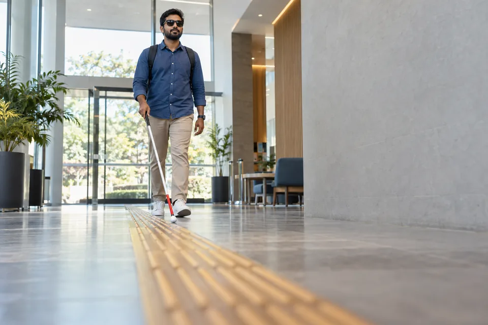 A traveler uses a white cane along a tactile path through a bright public atrium.