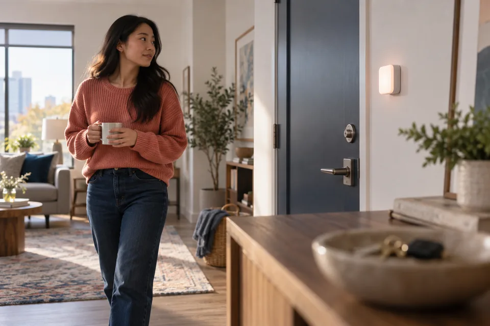 A woman notices a light-based door alert beside the entrance to her home.