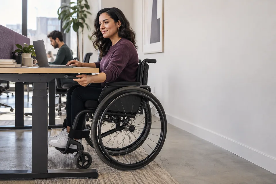 A wheelchair user adjusts the height of her office desk while working at a laptop.