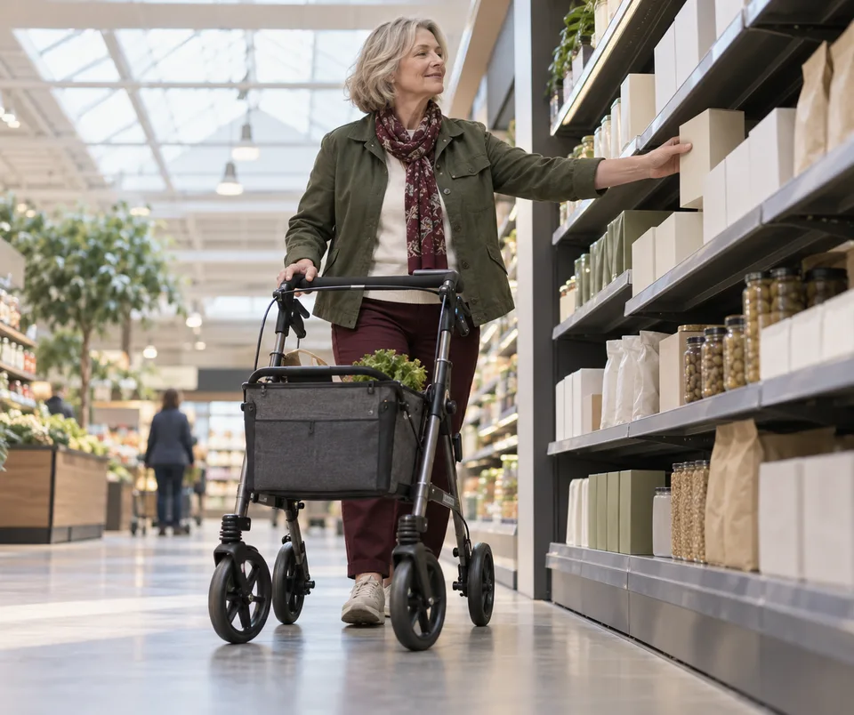 A shopper using a rollator chooses a plain box from an accessible supermarket aisle.