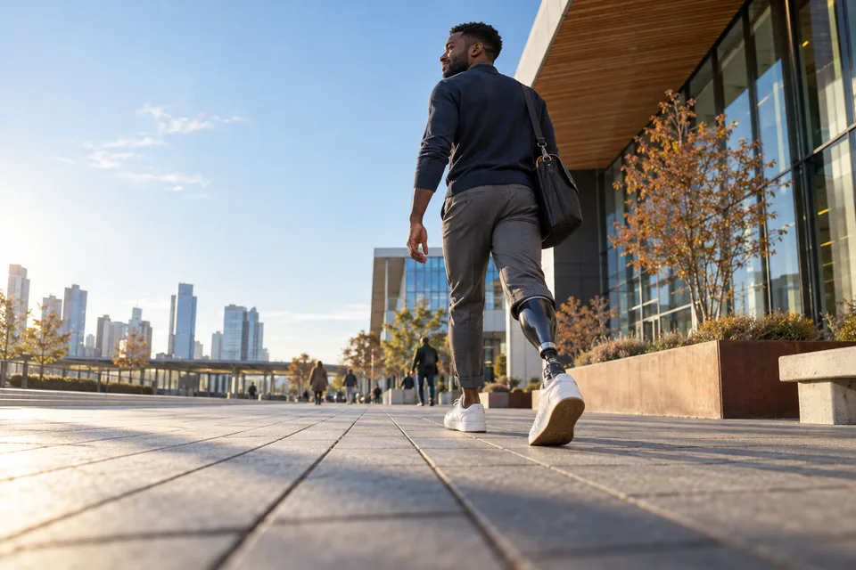 A commuter with a prosthetic lower leg walks an open city path in low morning light.