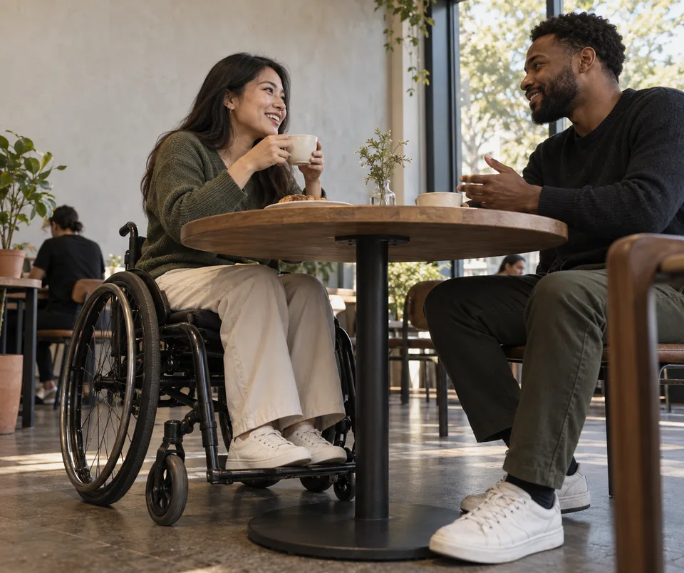 A wheelchair user shares coffee and conversation with a friend at a table with open leg space.