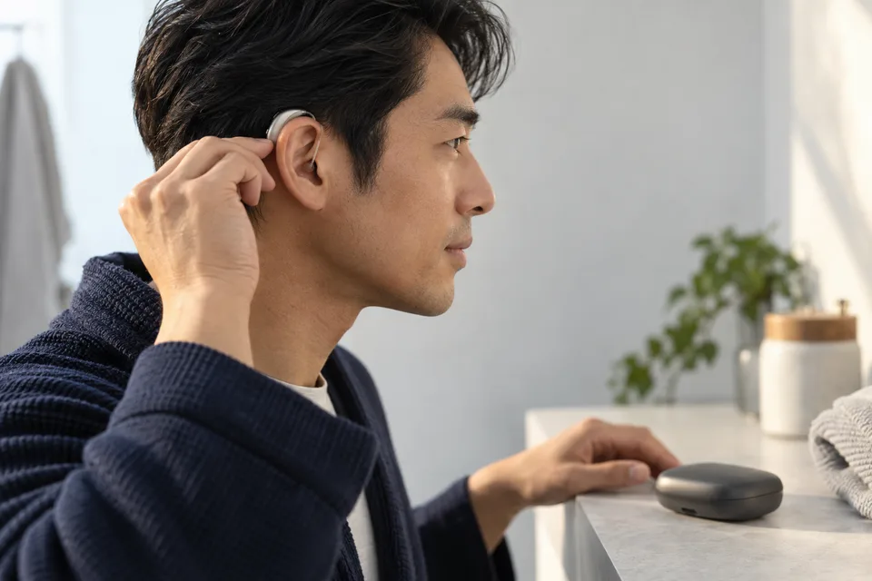 A man fits a small hearing aid behind his ear beside a simple case in morning light.