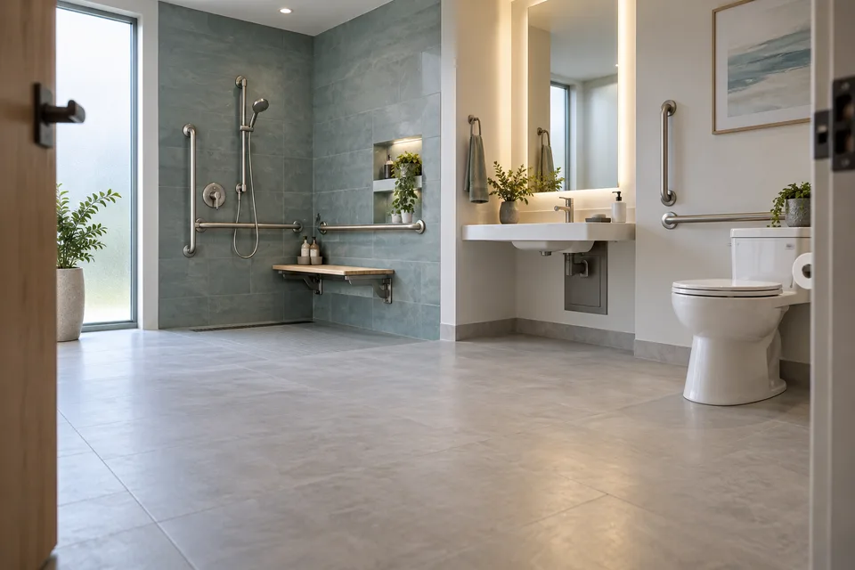 An open bathroom includes a roll-in shower, reachable controls, support bars, and a sink with knee clearance.