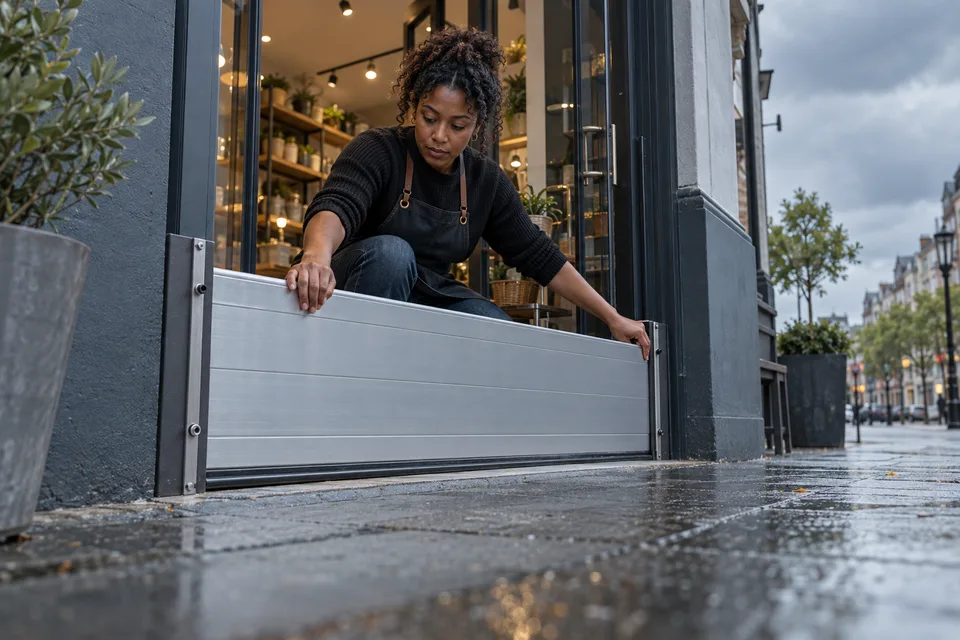 A shop owner seats a removable flood barrier across a storefront threshold before heavy rain.