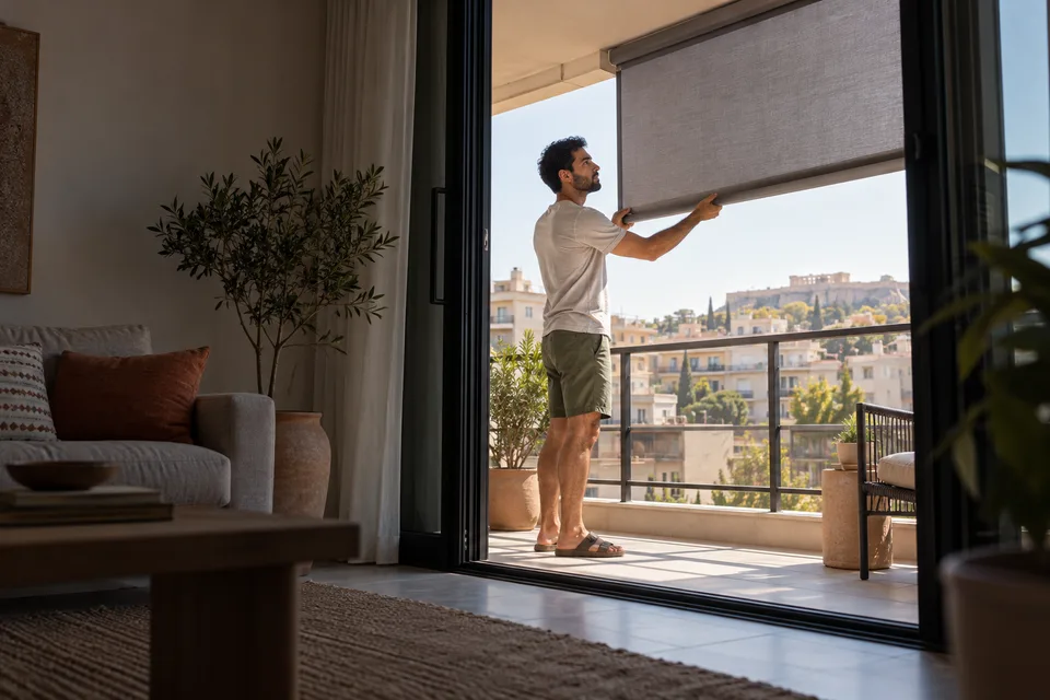 A resident extends an exterior balcony screen to shade a sunlit apartment opening.