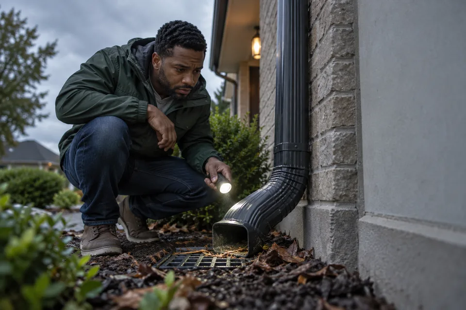 A resident checks a home downspout outlet near the ground ahead of unsettled weather.