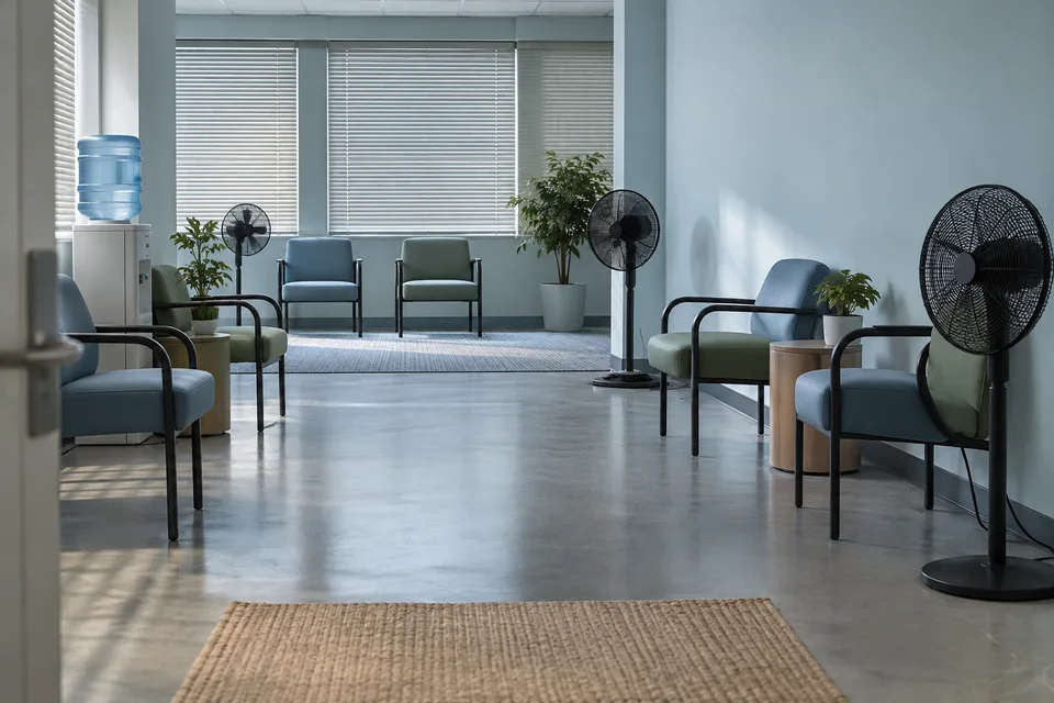 An unoccupied community room offers spaced chairs, blinds, water, and fans during warm weather.