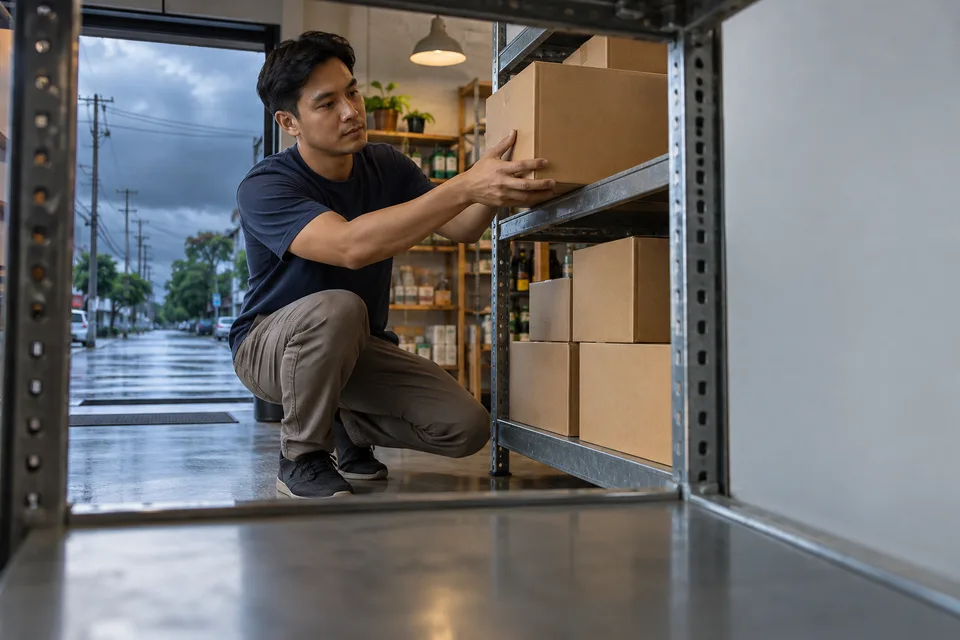 A shop worker moves a manageable box onto a raised stockroom shelf before wet weather.