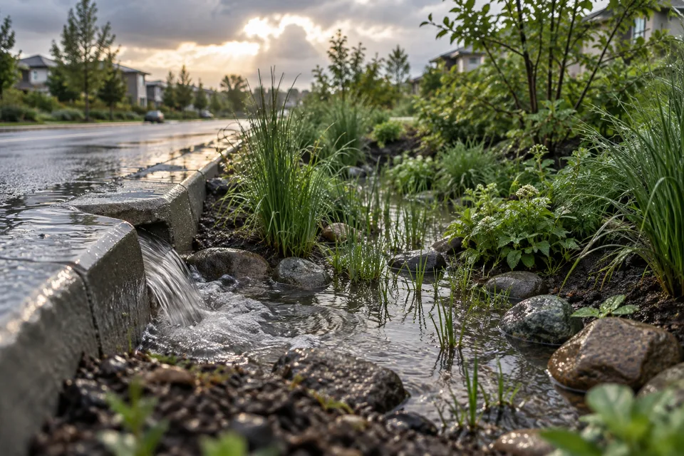 Rainwater flows from a street opening into a planted rain garden after a downpour.