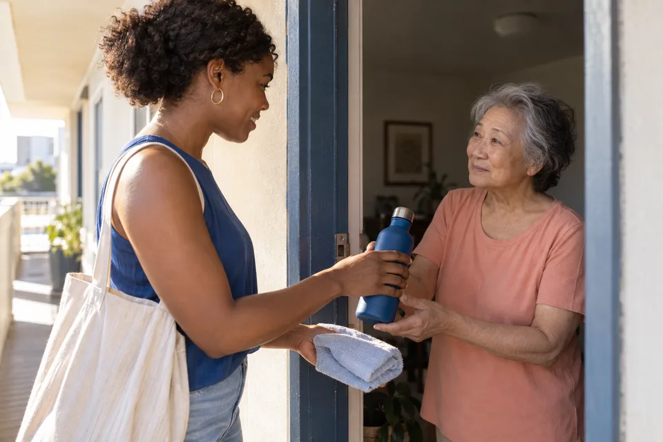 A young neighbor hands a reusable water bottle to an older resident at an apartment doorway on a hot day.