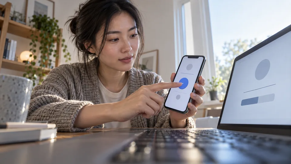 A young woman checks a phone beside a laptop during a two-device sign-in.