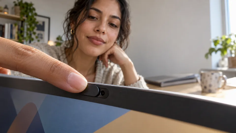 A hand begins sliding a small cover across a laptop webcam.