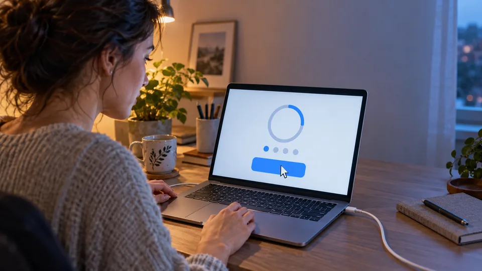 A young adult starts a software update on a plugged-in laptop.