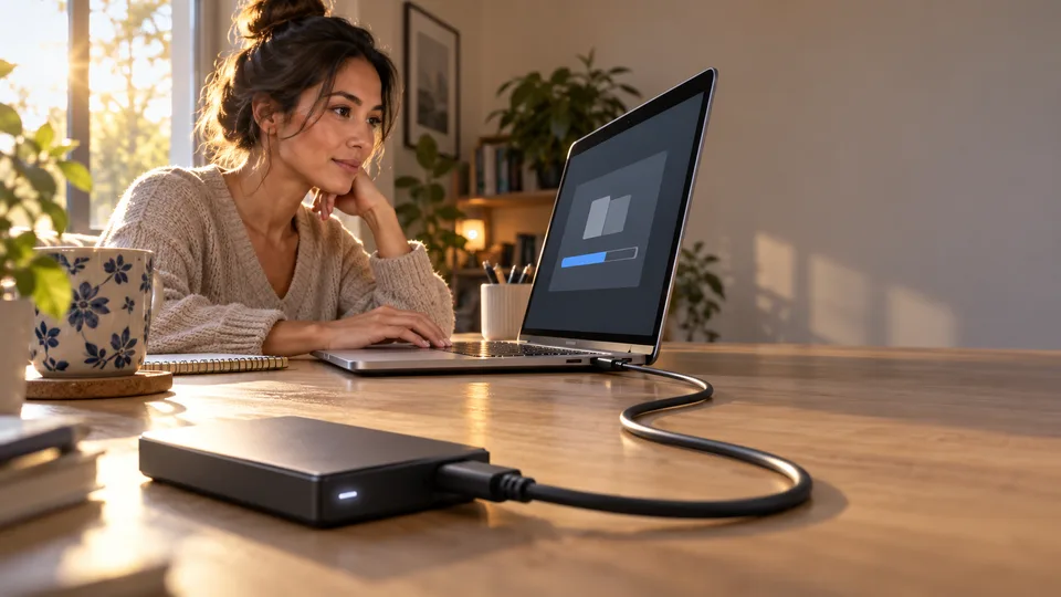 A traveler connects an external drive to a laptop before a trip.