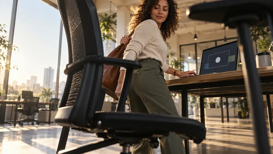 A person locks a laptop screen before stepping away from a shared workspace.