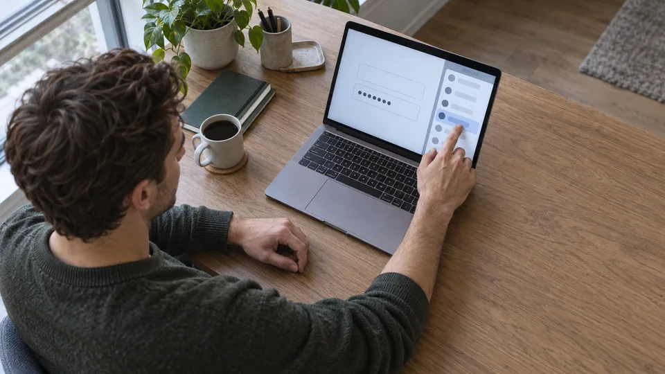 A young adult reviews an abstract password-management screen on a laptop.