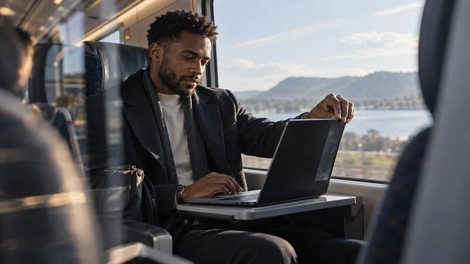 A train passenger adjusts a laptop screen away from nearby seats.