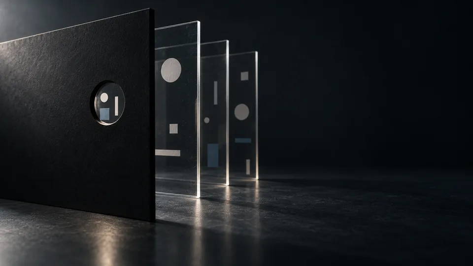 A physical frosted-glass arrangement reveals part of a scene while obscuring the rest.