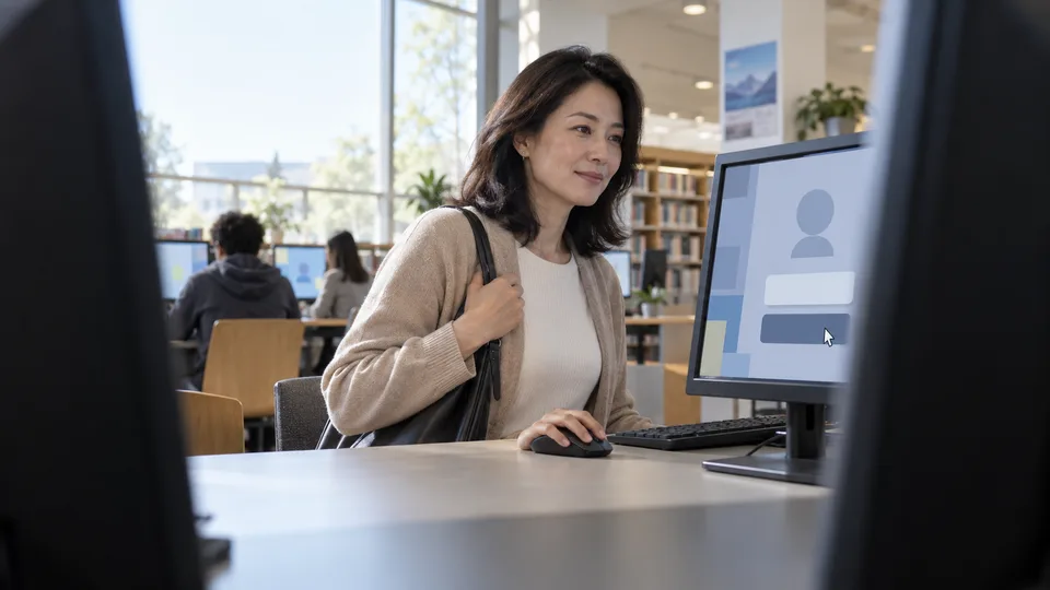 An adult signs out from a shared library computer after using it.
