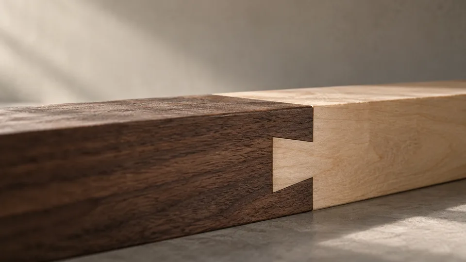 Two contrasting wood pieces meet in a precise dovetail joint across a narrow gap.