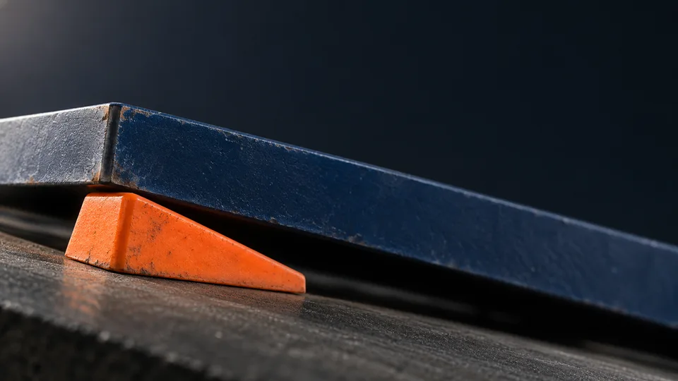 An orange wedge supports the lower edge of an inclined navy metal plate.
