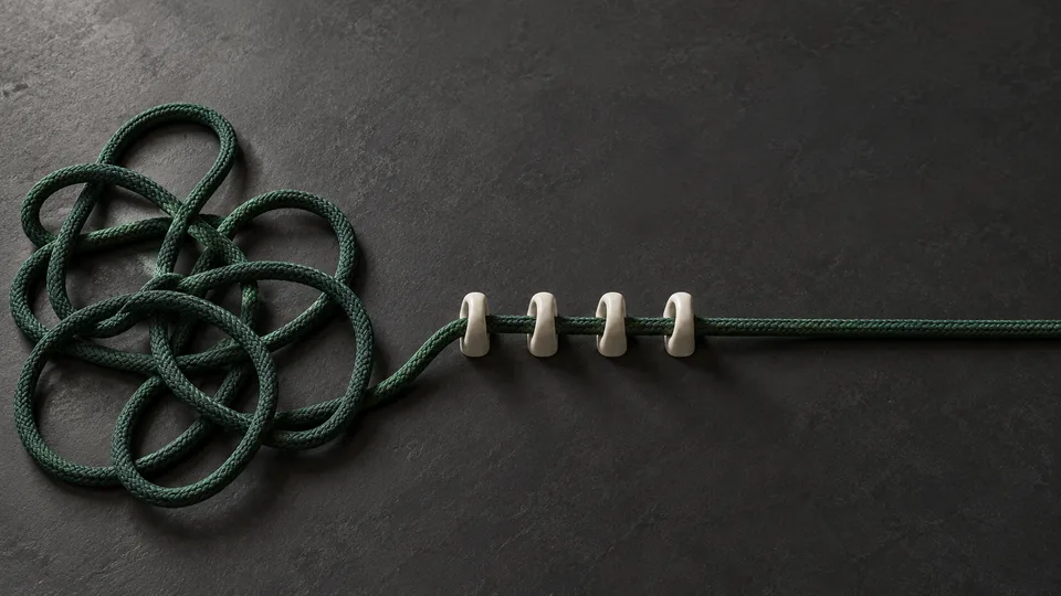 A dark green cord passes through small guides and emerges as one straight line.