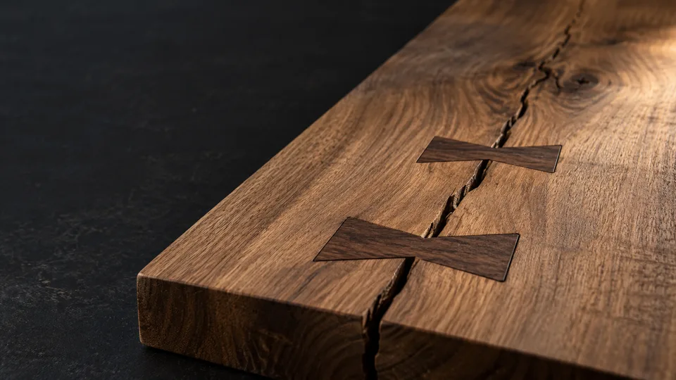 Hardwood butterfly keys span a crack in a darker wooden board.