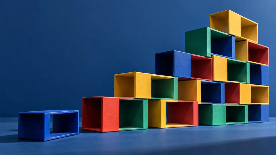 Brightly colored hollow modules stack into rising steps against a blue background.