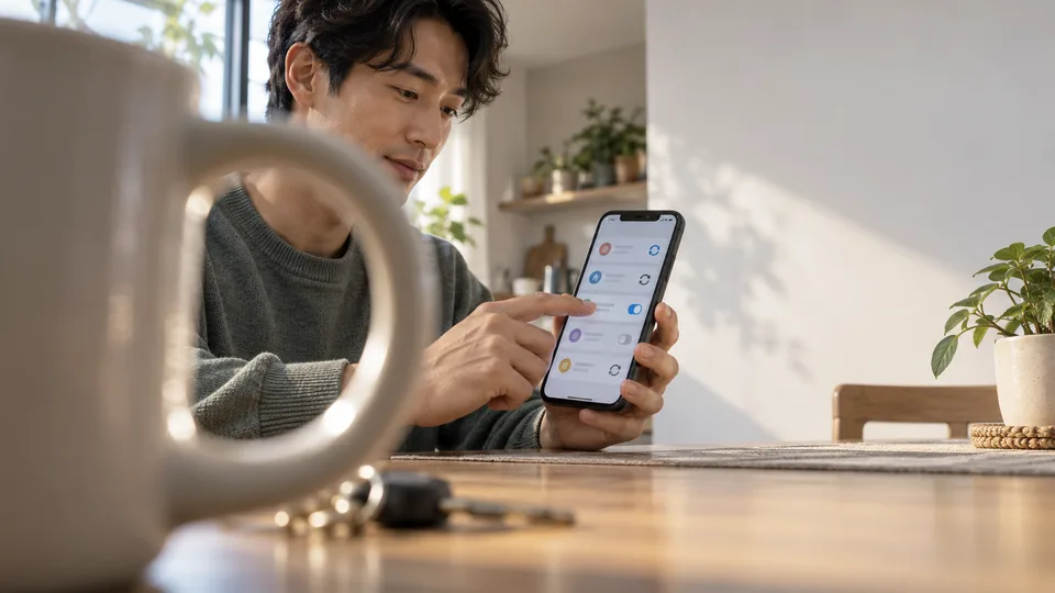 A young man checks a generic phone while reviewing a household payment at the table.