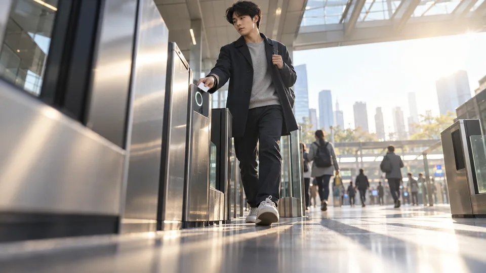 A young commuter uses a plain transit card at a station gate.