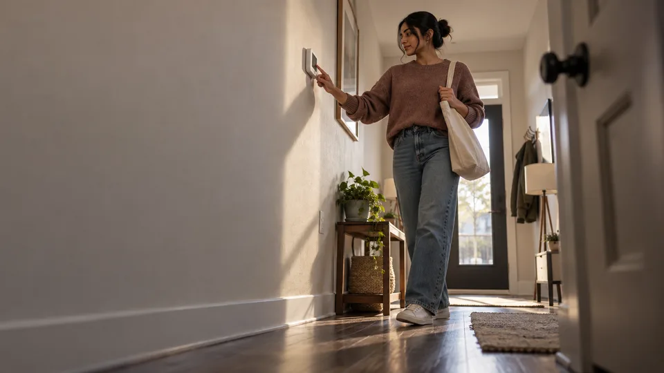 A young woman checks a wall-mounted home control before leaving the house.