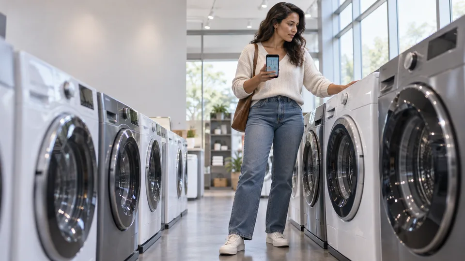 A woman looks between appliances in a showroom while holding a generic phone.