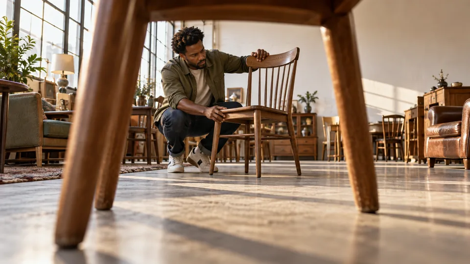 A young man examines a used chair in a furniture shop before deciding on a purchase.