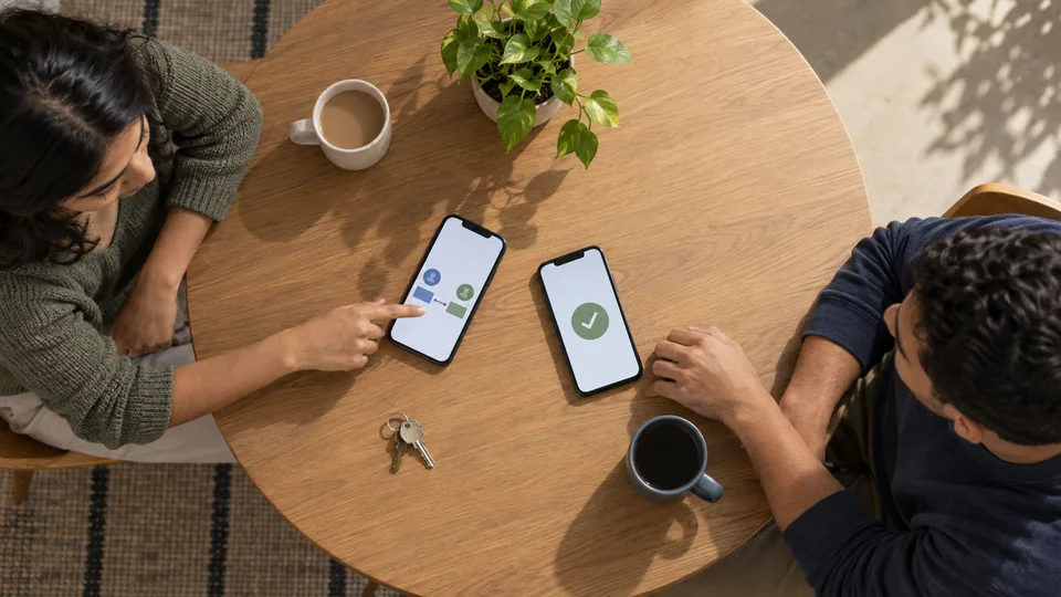 Two roommates compare generic phones while discussing a shared household expense.