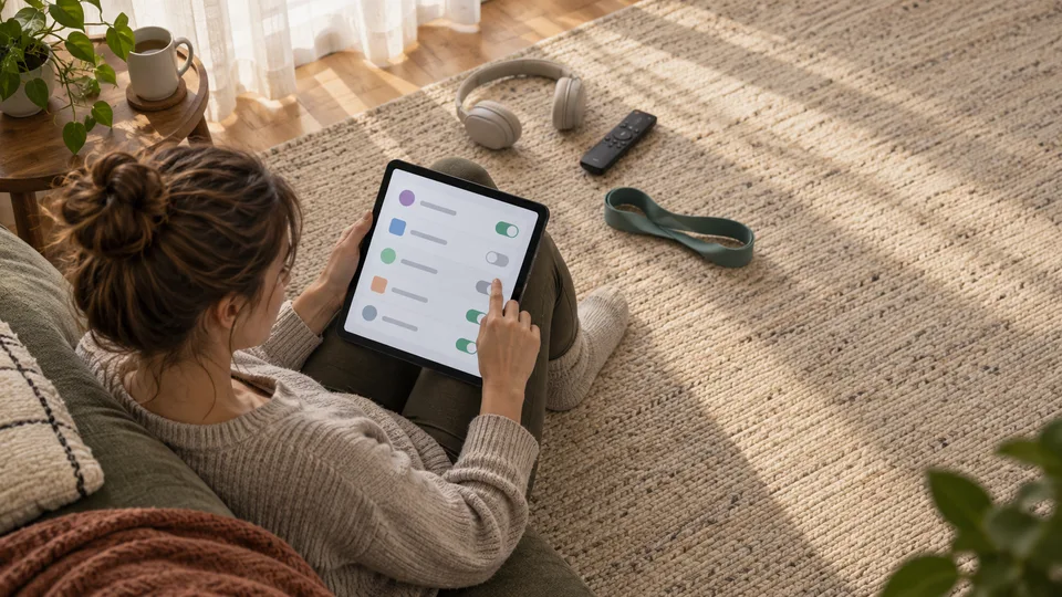 A young woman reviews recurring subscriptions on an unbranded tablet at home.