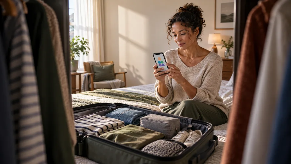 A woman checks a generic phone beside an open suitcase while preparing for a trip.