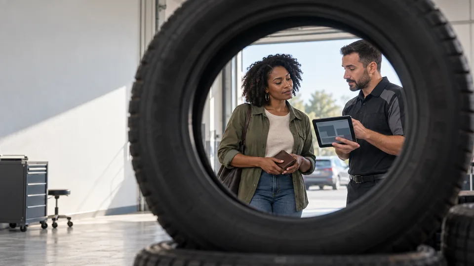 A woman and a service adviser look at an unbranded tablet beside a car tire.
