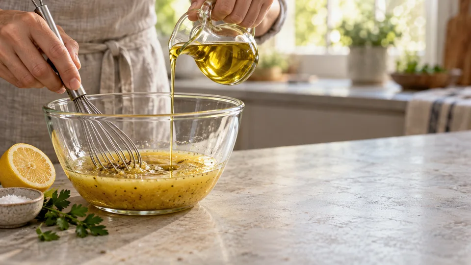 Oil pours toward a glass bowl as a hand whisks homemade salad dressing.
