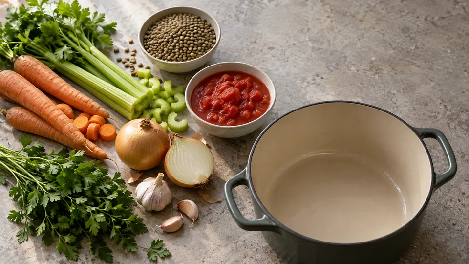 Lentils and vegetables are laid out beside an empty pot before soup preparation.