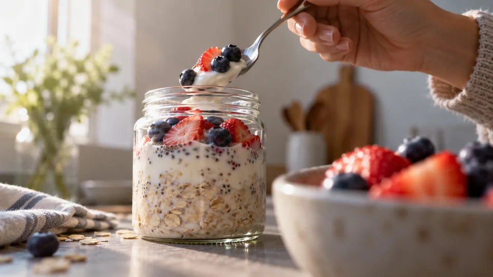 A hand adds a topping to a jar layered with oats and yogurt for breakfast.