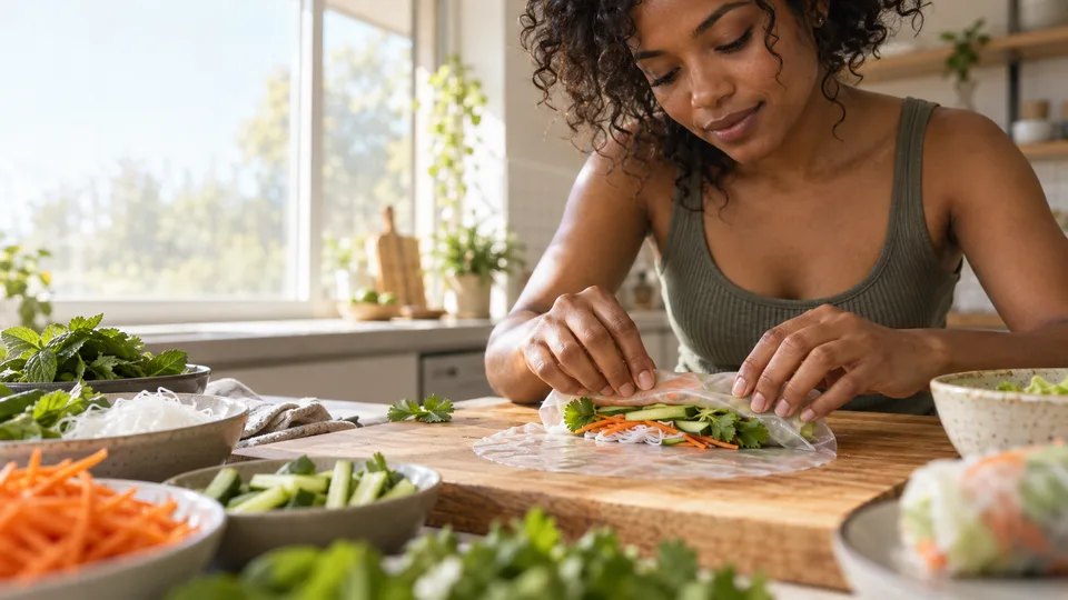 A young woman folds rice paper around fresh vegetables on a kitchen board.