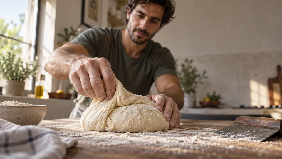 A young man folds bread dough on a flour-dusted worktop in morning light.