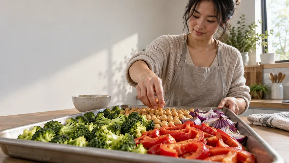 A young woman arranges vegetables on a sheet pan before roasting a weeknight dinner.