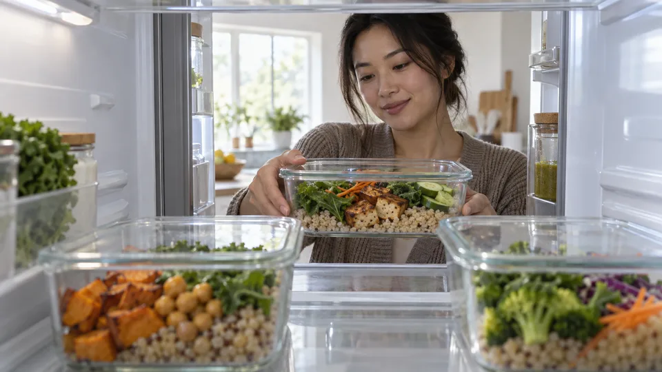 A young woman places a prepared food container on a refrigerator shelf.